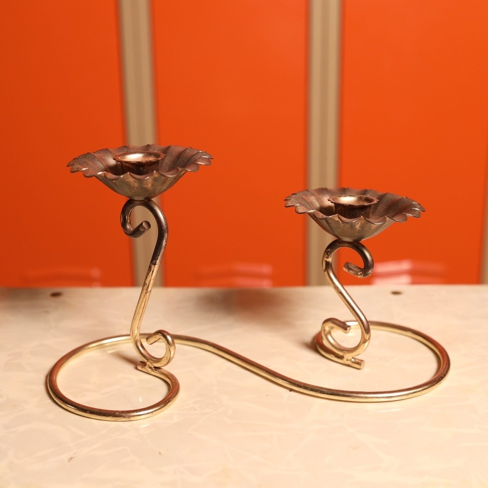 Vintage Gold Metal Double Flower Candlestick Holder MCM S-Curve Scalloped Cup